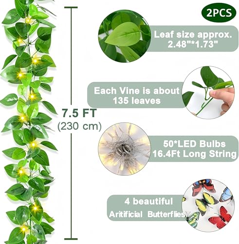BLEUM CADE 2Pcs Fake Vines with 50 LED String Lights | Faux Pothos Leaves Artificial Ivy Garland Fake Plants for Indoor & Outdoor Home Wall Garden Wedding Party Decor - color: Pothos Vines With Lights - 2pcs