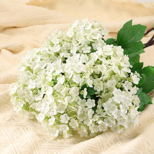 Cuffbow 4 Pcs 28 Inch White Hydrangea Artificial Flowers Fake Hydrangeas Silk Flowers Long 12 Touch Blooms for Wedding Centerpieces Bouquets DIY Floral Decor Home Decoration - color: White
