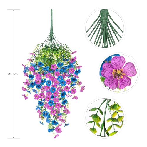 Artificial Flowers for Outdoors Home Decor, 2 Packs Faux Daisy Silk Flower Realistic Fake Plants for Front Porch Courtyard Outside Hanging Floral Spring Summer Fake Planter Decoration (Purple Blue) - color: Dpurple Blue