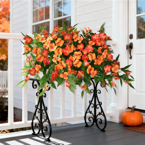 Hommyea Fall Artificial Flowers for Outdoor Fall Decor, 2 Bundles Fake Flowers UV Resistant Faux Silk Flowers No Fade Plastic Flowers for Outside Planters Home Porch Patio Yard Garden Decor - color: Orange,autumn Sunset Red