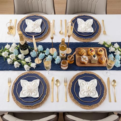 WDF 100pcs Blue Plastic Plates - Baroque Blue&Gold Disposable Plates for Parties/Wedding-50Plastic Dinner Plates 10.25in, 50Salad Plates 7.5in for Party/Birthday/Wedding/Independence Day/Father's Day - color: Blue and Gold, size: 100PCS