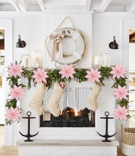 Briful 3PCS Poinsettias Artificial Christmas Flowers 22.4in Long Stem Pink Glitter Mesh Poinsettia Fake Christmas Tree Flower for Xmas Home Wreath Garland Floral Arrangement Holiday Decor - color: Light Peach Pink