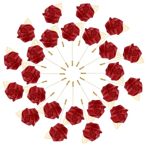 M METERXITY 48-Pack Flower Lapel Pins for Men, Golden Leaf Rose Boutonnieres Pin Groom Boutonnieres for Wedding/Dance/Party, Men Lapel Pins for Suits Satin Flower Corsage [Wine Red] - color: Wine Red