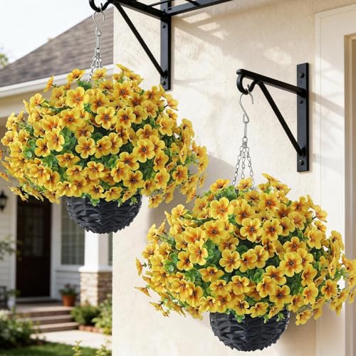 VIERENA 2 Sets Artificial Morning Glory and Eucalyptus Hanging Basket for Outdoor, UV-Resistant Fake Flower Hanging Basket, Suitable for Porch, Aisle, Garden, Patio, Eaves Decor (Yellow) - color: Yellow