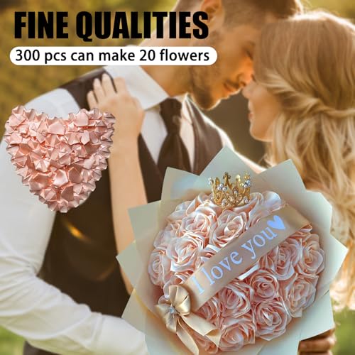 300Pcs Premade Satin Ribbon Rose Petals Half-Finished for Eternal Rose DIY Ramos Forever Flowers Bouquets Everlasting Floral,for Wedding,Anniversary,Birthday (300 Pcs Champagne) - color: 300 Pcs Champagne