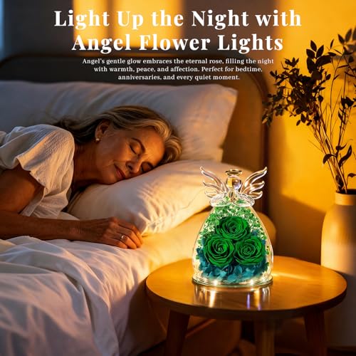 Beferr Gifts for Mom Birthday Gifts for Women, Fresh Flowers for Delivery Forever Preserved Rose in Glass Angel Figurine, Anniversary Christian Real Rose for Grandma Wife Mother from Daughter Son - color: Q Green