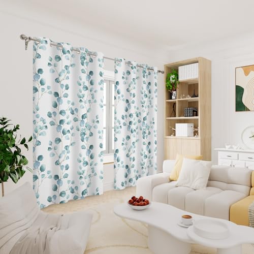 Renaiss Eucalyptus Leaf Curtains Green Eucalyptus Print Blackout Window Drapes for Bedroom Botanical Grommet Top Thermal Insulated Window Curtains for Living Room 29W x 45L 2 Panel Set - color: Eucalyptus, size: 29"W x 45"L (Pack of 2)
