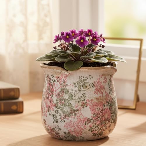 Ceramic Pots for Plants, Vintage Plant Pot with Drainage Hole, 6.11in. Planter for Indoor Plants, Crackle Glaze Finish Flower Pot, Perfect Tuscan Ceramic Planter for Gardening, Pastel Meadow - color: Pastel Meadow