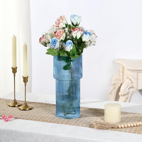 Large Glass Vase, 12 Inches Tall Vase for Flowers, Blue Flower Vases for Bouquet, Modern Blue Glass Vases for Living Room, Dining Table, Office, Entryway, Mantle, Shelf, Wedding Gifts - color: Blue, size: Ribbed 12 Inches