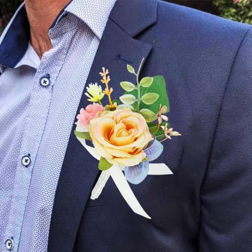 Bride Wedding Flower Boutonniere Red Rose Groom Buttonholes Prom Suit Decoration for Men and Groomsmans (Champagne) - color: Champagne