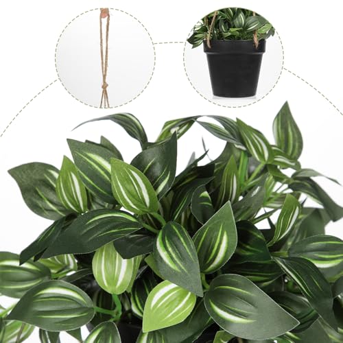 Briful Artificial Hanging Plants in Black Pot 17.7" Lifelike Trailing Faux Watermelon Peperomia Silk Plant with Cascading Green Leaves Fake Hanging Greenery for Indoor & Outdoor Home Garden Décor - color: Green