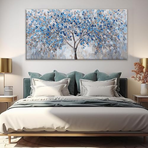 Large Wall Art For Living Room Blue White Tree Leaves Artwork Decor Modern Wall Art For Office Bedroom Kitchen Canvas Prints Decor Ready To Hang 29x58 Inch - color: White Blue, size: 58"L x 29"W