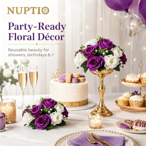 NUPTIO Flower Balls Centerpieces for Tables: 6 Pcs Purple White Fake Roses | for Wedding Party Table Centerpiece - Artificial Flower Arrangements for Birthday Quinceanera Decorations - color: Purple & White, size: 6 Pcs
