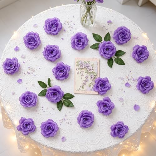 50 Pcs Rose Flower Head, Artificial Flowers Bulk for DIY Crafts, 3in Fake Rose Silk Flower Head wit Stem, Faux Flowers for Decoration, Wedding Home Party Decor Garland Decor (50, Deep Purple) - color: Deep Purple