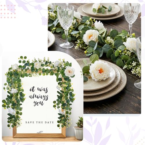 2 Pack Artificial Flower Garlands, 6 Ft Garland for Table Decor, Eucalyptus Garlands with White Roses Centerpieces Greenery Wedding Vines Garland for Backdrop Indoor Outdoor Decor