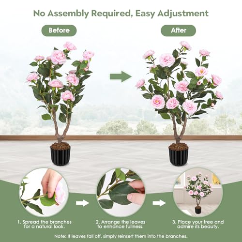 Artificial Camellia Tree for Indoor and Outdoor, Faux Flower Tree Plant in Pot Fake Topiaries for Home Front Porch Decor(1, Pink) - color: Pink