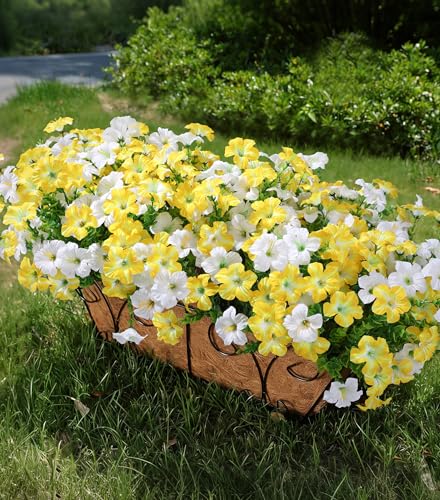 Artificial Flowers for Outdoors Fake Plants Outside Decoration, 20 Bundles Silk Petunia with Eucalyptus UV Resistant Realistic Faux Flowers for Outdoor Planters Garden Balcony Yard Porch Patio, Mix - color: 10 Yellow, 10 White