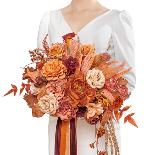 TINGE TIME 13 inch Maple Red Wedding Bouquets for Bride, Bridal Bouquet for Bride, Artificial Silk Rose for Graduation Bouquet, Fake Flowers for Fall Wedding Ceremony and Anniversary - color: Maple Red