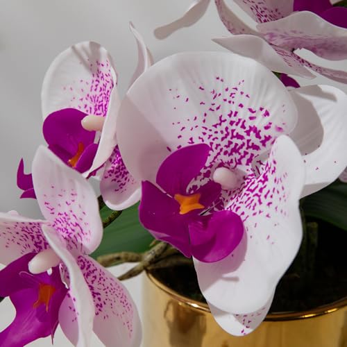 LESING Artificial Orchid Flower with Vase Realistic Orchids Faux Flower Fake Orchid Bonsai Plants in Pot Arrangement for Home Wedding Party Dining Table Centerpiece Decor (White Purple,Gold Vase) - color: White Purple,gold Vase