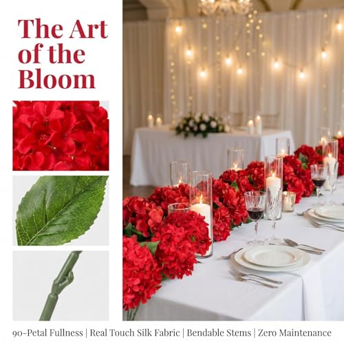 Red Hydrangea Artificial Flowers 10pcs 22" Faux Hydrangea (10, red) | Bouquets Arrangement For Home Table Centerpieces Wedding Baby Shower Birthday Party Decoration - color: Red