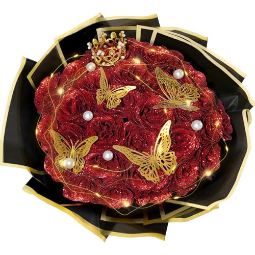 Red Glitter Roses Bouquet, 24 Pcs Shiny Glitter Flowers Bouquet, Everlasting DIY Artificial Roses Bouquet for Christmas, Birthday, Anniversary, Wedding, Engagement - color: Red-a, size: 24 PCS