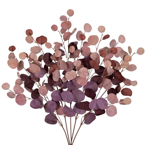 Maroon Eucalyptus Stems Fake Eucalyptus Leaves 34” Long Silver Dollar Leaves 5 Pcs Silk Eucalyptus Stems for DIY Bouquet Arrangements Centerpieces Shower Decorations-Artificial Eucalyptus Spray - color: Maroon
