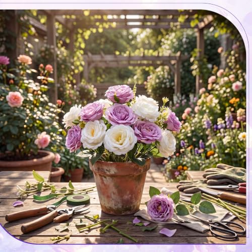 Geosar 8 Bundles Artificial Peonies Flowers Fake Silk Peony Bouquet Faux Peonies Flowers Bulk for Decoration Vase Floral Arrangements Wedding Party Table (White,Purple) - color: White, Purple