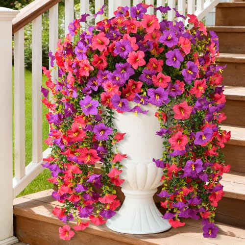 Artificial Fake Flowers Plants for Outdoor Spring Summer Decoration,2 PCS Faux Silk Morning Glory with Eucalyptus Leaves,UV Resistant Realistic Outdoor Flowers for Balcony Porch Patio Yard Garden - color: Orchid Rose Red