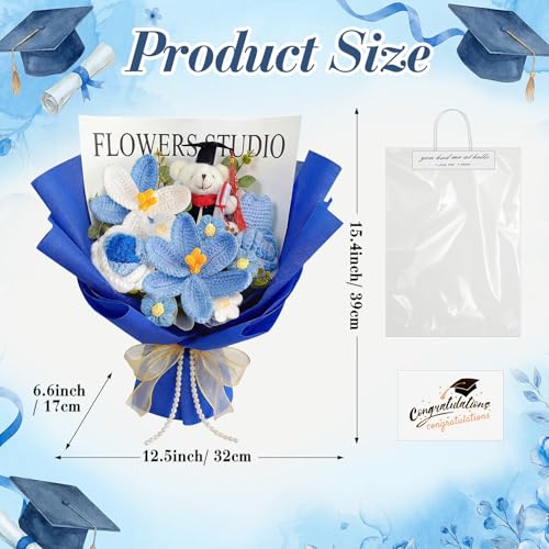 Giegxin Large Graduation Bear Flower Bouquet Set 2026 Crochet Graduation Bouquet Gift Hand Knitted Tulip Daisy Sunflower Rose Bouquets Greeting Card Gift Bag for Wedding Birthday Party Favors(Blue) - color: Blue