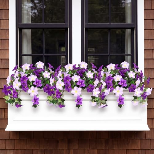3PCS Hanging Artificial Flowers with Basket, Morning Glory Patio Decorations Outdoor Fake Hanging Decoration, Look Real UV Resistant Artificial Flowers for Outdoor Porch Patio Balcony(Purple)