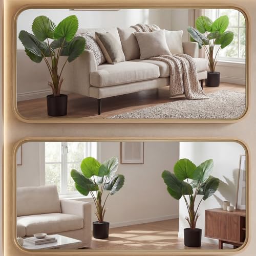Giegxin 2 Pack Artificial Fan Palm Tree 2.36 ft Tall Fake Tree Round Leaf Fake Palm Plant with Planter, Faux Tropical Areca Floor Plant, Artificial Silk Plants for Indoor Outdoor Home Office Decor