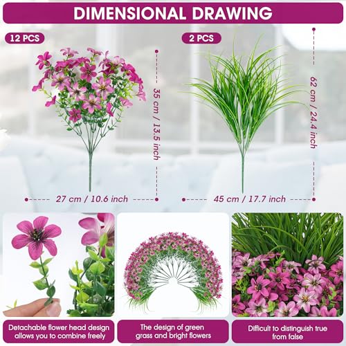 Artificial Flowers,14 Bundles UV Resistant Fake Flowers Daisy with Greenery Plants Wheat grass,Faux Outdoor Flowers for Spring Summer Decoration, Outdoor Faux Plants Home Window Porch Patio Yard - color: Light Purple