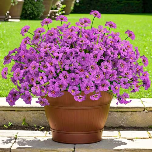 Krissing 48 Bundles Outdoor Artificial Flowers UV Resistant Fake Silk Flowers Faux Plastic Plants Outside Garden Porch Window Box Summer Decoration (Purple) - color: Purple
