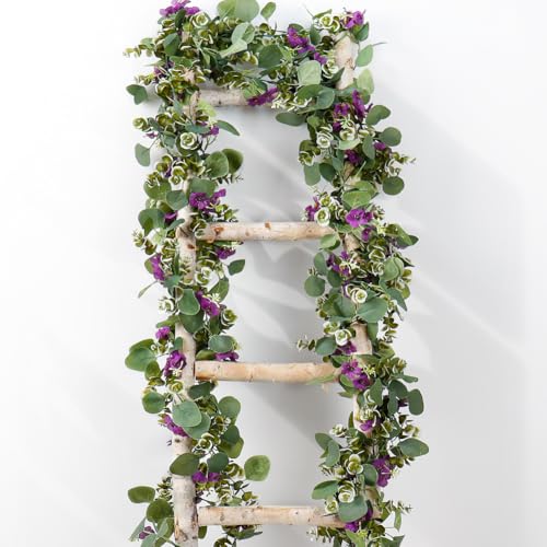 2Pack Eucalyptus Flower Garland with Violet 5.9Ft Artificial Ivy Greenery Hanging Vine Fake Ivy Floral Plants Garland for Wedding Outdoor Garden Party Background Table Runner, Total 11.8Ft, Purple - color: Purple Violet