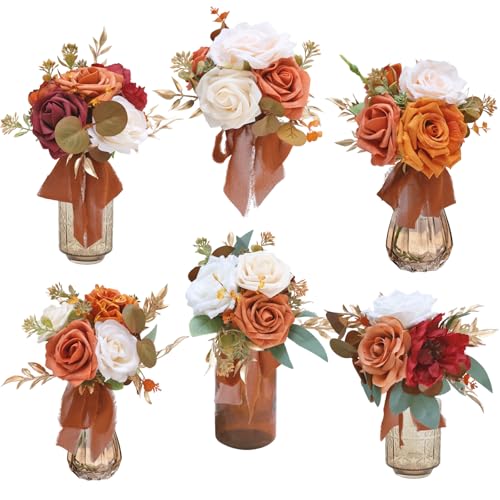 Marriwise Set of 6 Assorted Wedding Flower Centerpieces Pre-Made Mini Bridesmaid Bouquets Artificial Flower Terracotta Table Decor for Fall Wedding Decorations Shower Home Decor - color: Burnt Orange