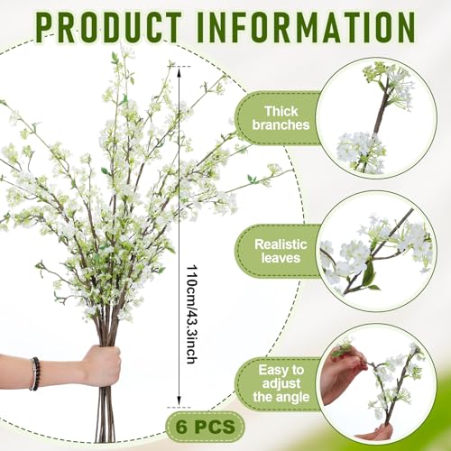 Zeyune 6 Pcs Artificial Cherry Blossom Branches with Green Buds 40", Spring Evergreen Faux Stem Plastic Plant Stem Picks Sprigs for Tall Vase DIY, Modern Home Table Wedding Indoor and Outdoor Decor - color: White, size: Blossom Style