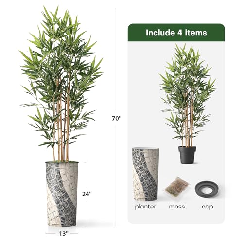 Artificial Tree in Geometric Pattern Planter, Fake Bamboo Silk TRE for Indoor and Outdoor Home Decoration - 70" Overall Tall (Plant Pot Plus Tree) - style: Bamboo