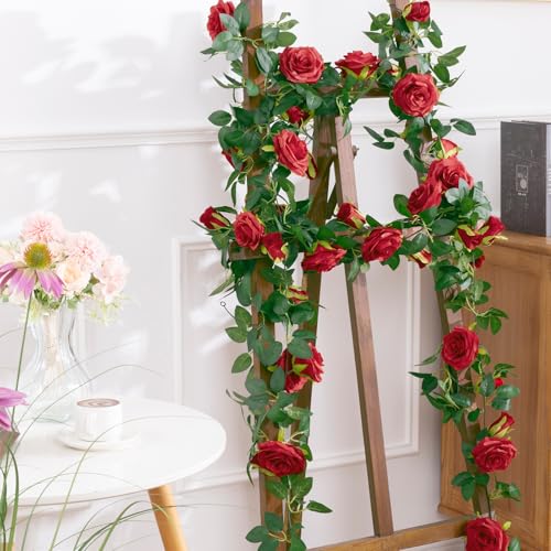 U'Artlines 5 Pack Artificial Red Rose Vines Floral Garlands Total 32.5 Ft Fake Vine Silk Flower Garland for Indoor Outdoor Home Wedding Arch Garden Wall Decoration - color: Red, size: Set of 5