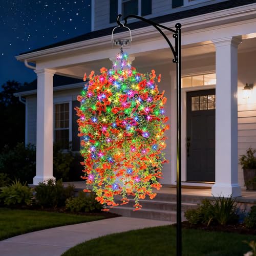 Outdoor Hanging Basket with Artificial Flowers: Fake Plants Basket with Solar String Lights for Garden Enthusiasts - 10 Inches Solar Faux Silk Flower Baskets for Home Porch Wall Patio Tree Decor - size: 10inch, style: Eucalyptus Daisy - Orange