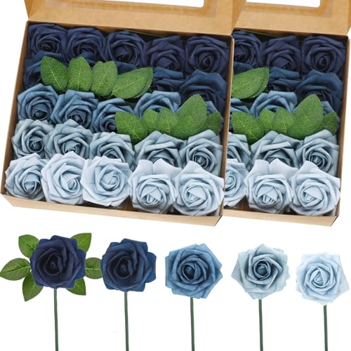 50 Pcs Artificial Foam Rose Flower Faux Bouquet Wedding Fake Rose Gift for Mother's Day Women DIY Bridal Shower Party Table Birthday Home Spring Decor (Shades of Blue) - color: Shades of Blue