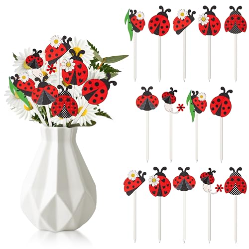 TICIAGA Summer Ladybug Wooden Picks - 14PCS Cute Ladybug Insect Double-Sided Wooden Decorative Picks for Home Vase Filler, Farmhouse Garden Theme Floral Pick for Summer Party Spring Holiday Supplies - color: Ladybug