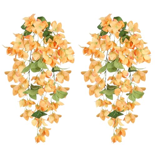 IPOPU Artificial Bougainvillea Hanging Flowers 2PCS UV Resistant Fake Silk Bougainvillea Plant Vine Faux Hanging Flowers for Garden Yard Porch Patio Wedding Wall Home Outdoor Decor (Orange) - color: Orange
