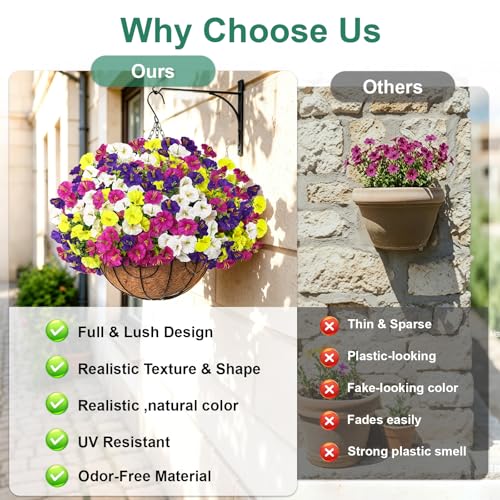 Artificial Hanging Flowers with Basket for Outdoors, UV Resistant Faux Silk Morning Glory with Eucalyptus Realistic Fake Hanging Plants for Spring Summer Outside Decor (Red) - color: Red