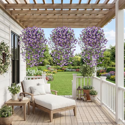 Purple Artificial Hanging Flowers for Outdoors, 4 PCS 29.5in UV Resistant Faux Outdoor Hanging Plants Pansy Flowers Fake Cascading Floral Vines for Porch Patio Balcony Pergola - color: Purple