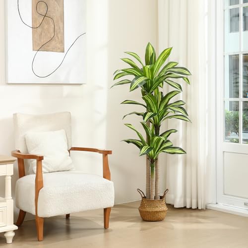 Ferrgoal Artificial Plants, 5 Ft Dracaena Tree Faux Plants Indoor Outdoor Decor Fake Tree with Woven Seagrass Basket Plants for Home Decor Office Living Room Porch Patio Housewarming | Tall Fake Plant With Realistic Leaves,Floor Plant for Home Décor Offic