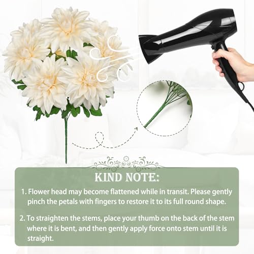 Hollyone White Artificial Dahlia Flowers Bush 7 Heads Silk Fake Dahlias Flowers with Stems Wedding Bouquets Faux Dahlia Flowers Floral Arrangements for Outdoor Indoor DIY Table Centerpieces Home Decor - color: White