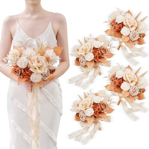 TINGE TIME 7inch Wedding Bouquets for Bridesmaid, Artificial Flowers Cascading Bridal Bouquet for Wedding (Burnt Orange & Champagne, Set of 4) - color: Burnt Orange & Champagne