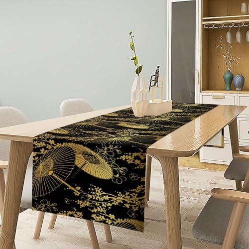 Japanese Table Runner, Gold Fan Umbrella Flower Pattern Traditional Asian Luxury Table Runner for Coffee Kitchen Dining Holiday Home Party 13x36in - color: Aisa-9, size: 13x36in