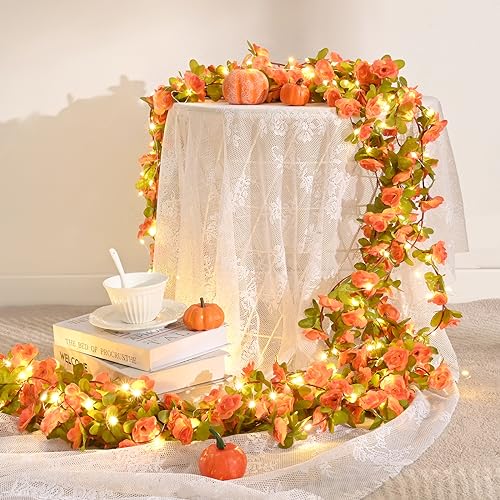 BLEUM CADE 5Pcs 41Ft Flowers Garland Artificial Rose Vines with 32.8Ft String Lights, Cute Fake Hanging Flower Vines Floral Garland Decorations for Wedding Party Wall Room Decor Aesthetic - color: Orange With Lights, size: 5 Pcs