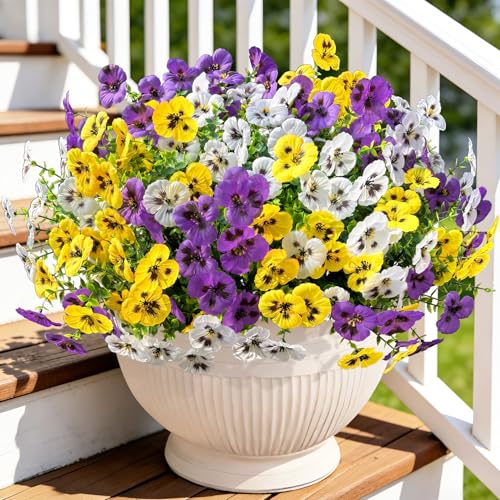Ouddy Decor 20 Bundles Artificial Pansy Flowers for Outdoors, Fake Silk Flowers Faux Plants UV Resistant for Vase Table Balcony Planter Porch Yard Garden Indoor Outdoor Home Decor, Purple Yellow White - color: Purple Yellow White